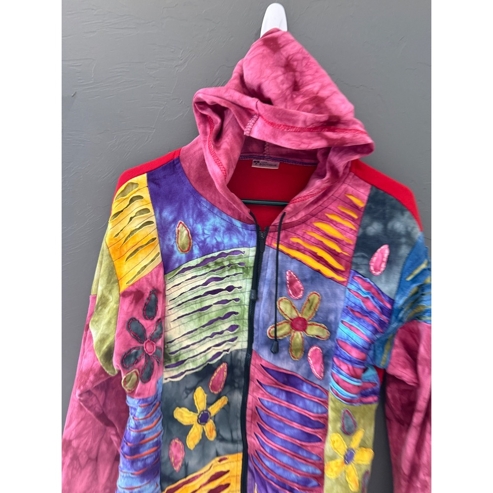 India Boutique Womens Patchwork Tie Dye Floral Boho Hippie Zip Up Hoodie Rainbow - Picture 2 of 7